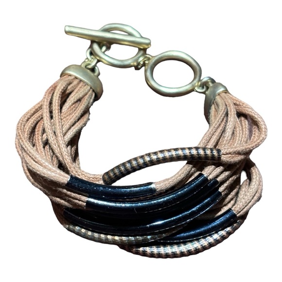 Tan/Green/Silver Women's Twelve Double Strand Cord Toggle Closure Bracelet - Picture 2 of 11